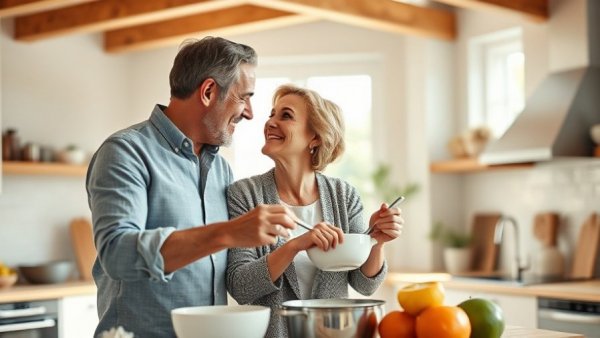 Middle-aged couple kissing while doing dishes, gentle partnering scene.