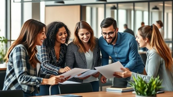 Team discussing employee engagement initiatives cut in office setting.