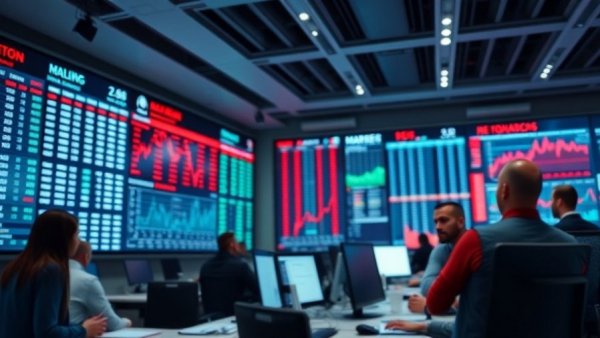 Modern office with prediction market screens and professionals analyzing data.