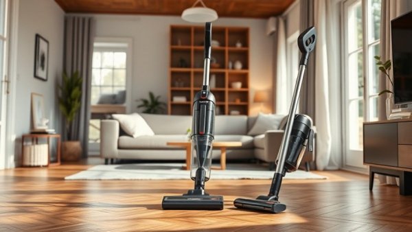 Modern lightweight vacuum cleaners in a stylish home setting.