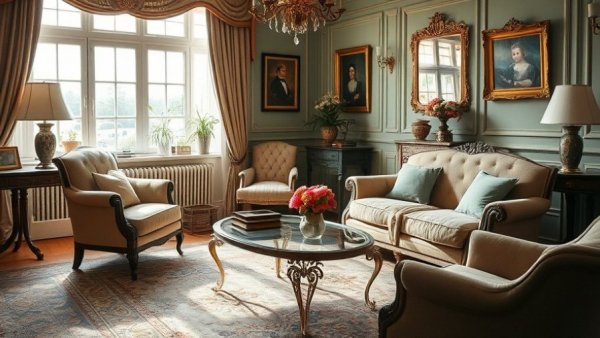 Timeless living room design with vintage elements and elegant decor.