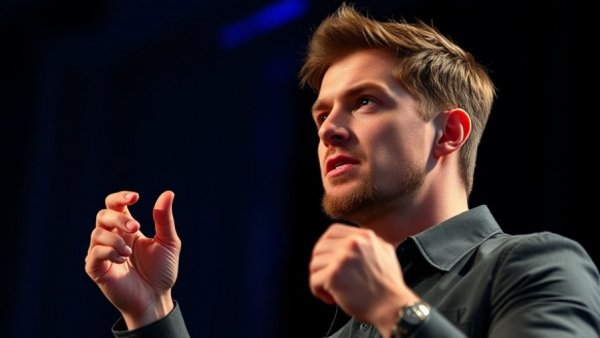 Amazon AI Adoption Strategies presentation, confident speaker on stage.