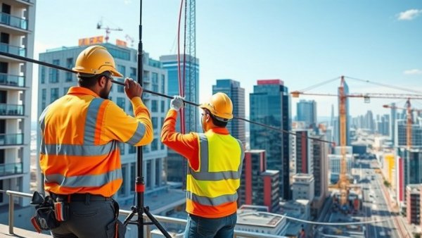 G.Network broadband installation scene with workers on urban street.