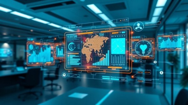 Futuristic AI newsroom holographic interface in digital office