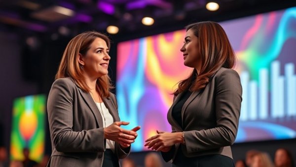 Professional women discussing on stage at women's health conference.