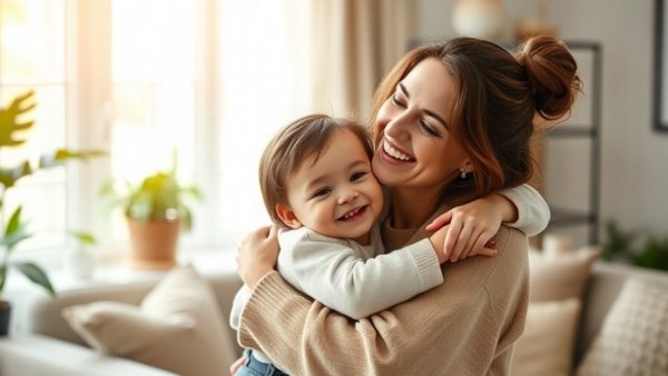 Warm-hearted mother and child embracing, joyful parenting moment.