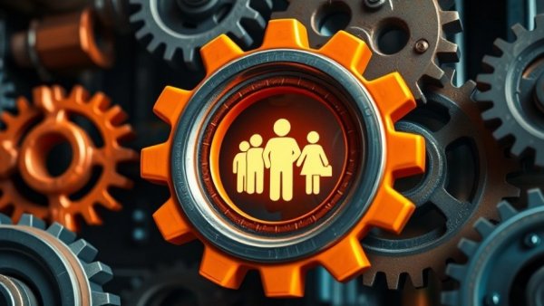 Interlocking gears with human icons symbolizing HR technology.