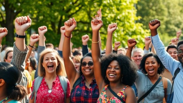 Joyful people at an outdoor event under a prominent sign, Crawford careless driving case.