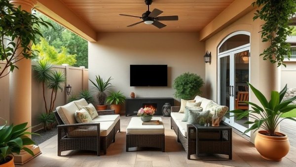 Charming backyard patio with relaxed lounge chairs and mounted TV.