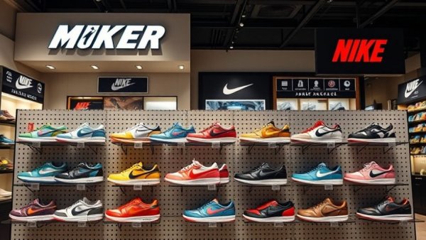 Sleek sneaker display with colorful shoes on pegboard, soft focus brand sign.