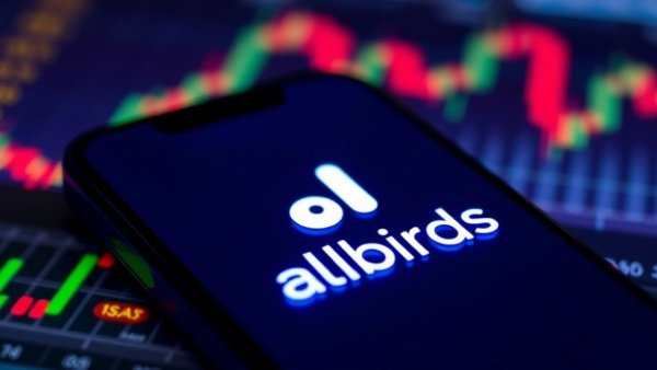 Futuristic display of allbirds logo with tech-inspired background.