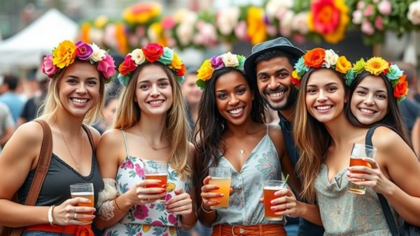 San Antonio arts event with people in colorful headbands enjoying drinks.