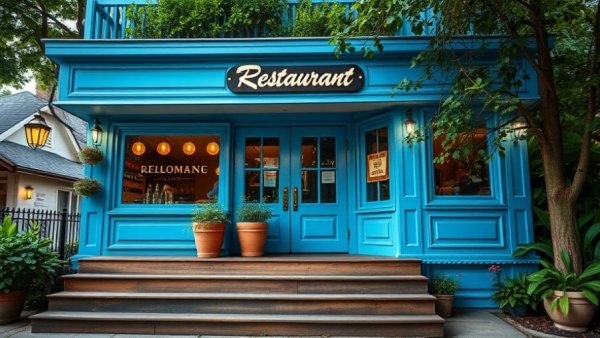 Charming blue restaurant in San Antonio with porch and lights.