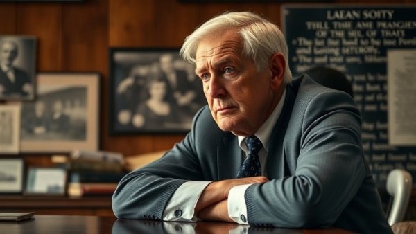 Thoughtful older man in office, historic photo backdrop.