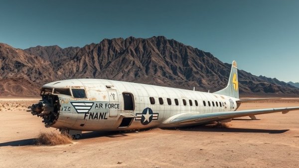 Air Force plane crash site in Death Valley's rugged landscape.