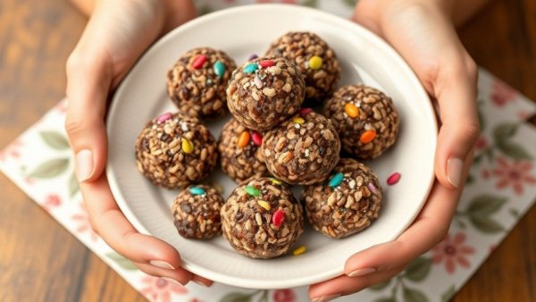 Healthy chocolate rice crispy balls with colorful sprinkles on a plate.