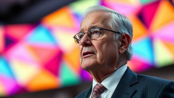 Elderly man speaking at a conference on AI spending boom investment warning.