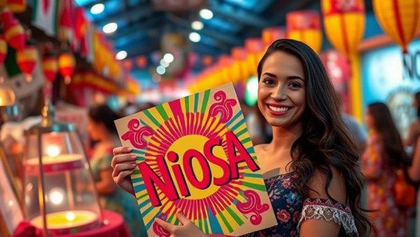 Woman at San Antonio cultural festival with colorful NIOSA poster.
