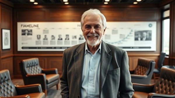 Distinguished older man in office with historical timeline, Omaha home automation ideas