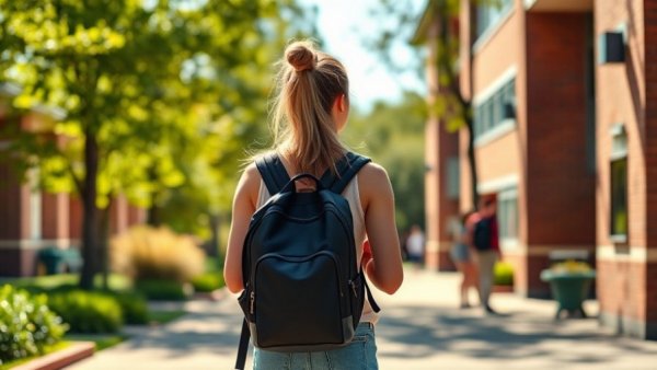 Teen girl with backpack at school entrance, teenage communication