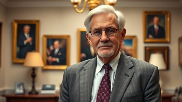 Elderly man in office with portraits, connected to philanthropy