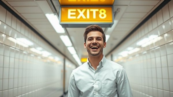 Smiling man in subway under Exit 8 sign, related to Exit 8 film review.
