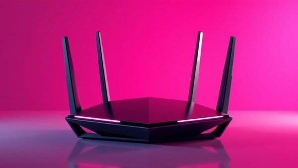 Futuristic gaming router with sleek design in a pink studio setting.