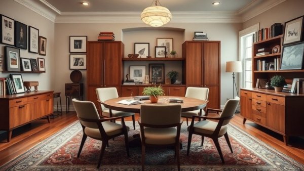 Mid-century modern home office decor with stylish wood elements.