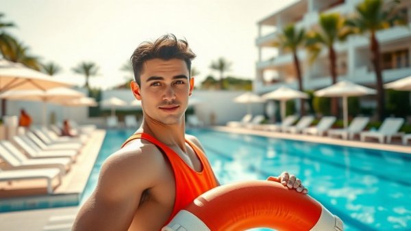 Young lifeguard at poolside, part of foreign students powering summer jobs.