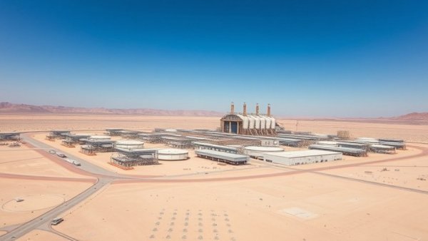 Aerial view of modern industrial facility in desert, clear blue sky.