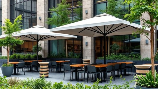 Modern outdoor dining area at San Antonio restaurants, sleek tables and umbrellas.