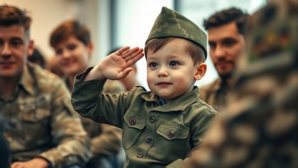 Child in military uniform playfully salutes sitting indoors.