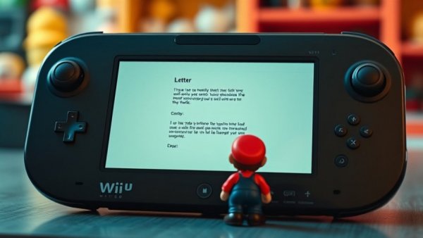 Wii U gamepad with Mario figure displaying a digital letter in a colorful setting.