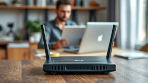 Secure router on table in home office, highlighting FBI router security tips.