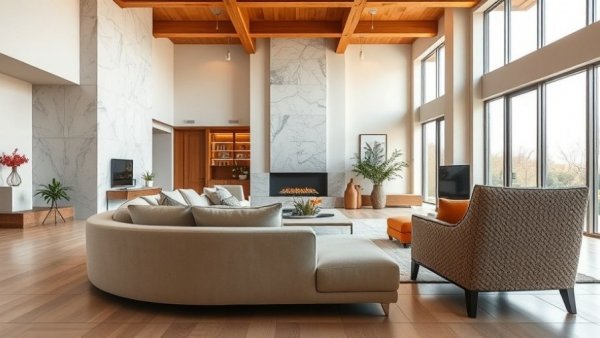 Elegant living room showcasing workspace optimization with modern decor.