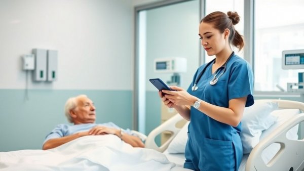 Nurse using AI technology with a patient in a hospital.