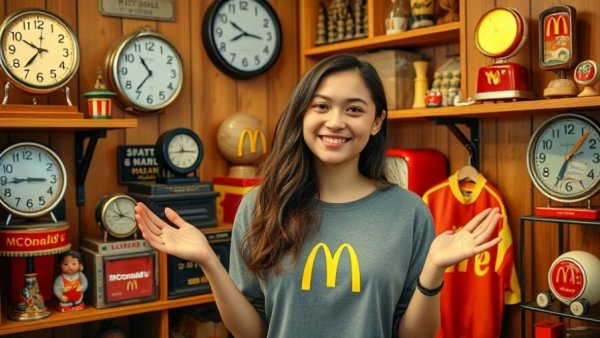 Enthusiast showing off McDonald's collectibles in cozy room.