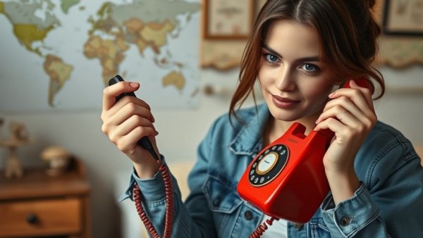 Young woman reminiscing with vintage rotary phone, millennials childhood memories