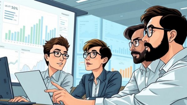 Illustration of a team analyzing data screens, highlighting AI workforce readiness skills gap.