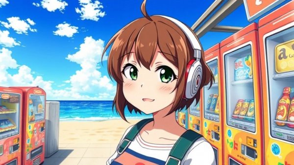 Tomodachi Life character by vending machines, enjoying beach scenery.