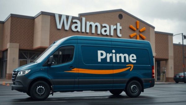 Amazon van in front of Walmart store, representing retail competition.