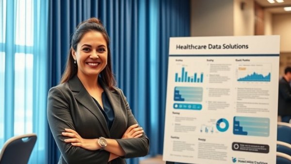Woman at healthcare data solutions event with data networks poster
