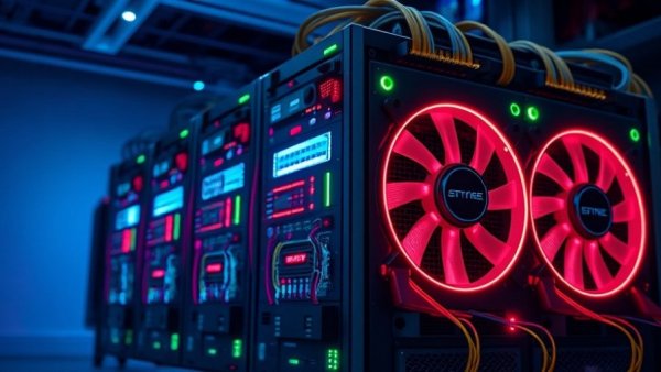 Futuristic server representing GPT-5.4-Cyber cybersecurity model, glowing with cables and fans.