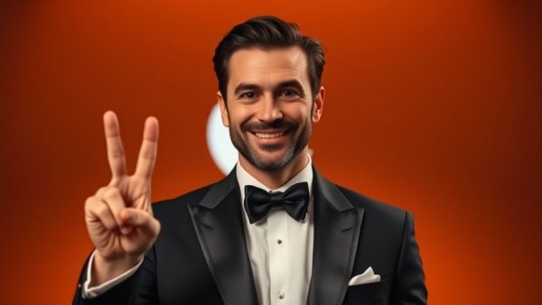 Distinguished male smiling, peace sign gesture, warm Apple backdrop.