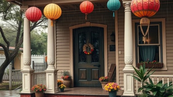 San Antonio arts events porch with papel picado in rain.
