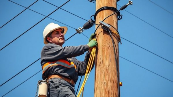 Technician installing fiber optic cables on utility pole for Ute Mountain Ute Tribe fiber internet.