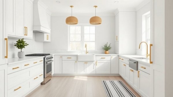 Modern white kitchen with elegant decor and appliances.