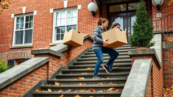 People moving boxes up stairs, cost-saving tips for moving.