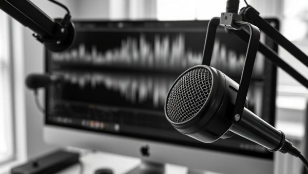 Microphone setup for podcasting with a clearance in a studio.