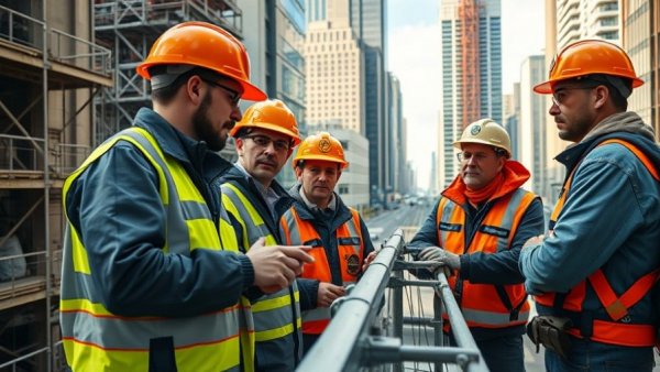 Construction workers discussing safety on scaffolding in urban setting.